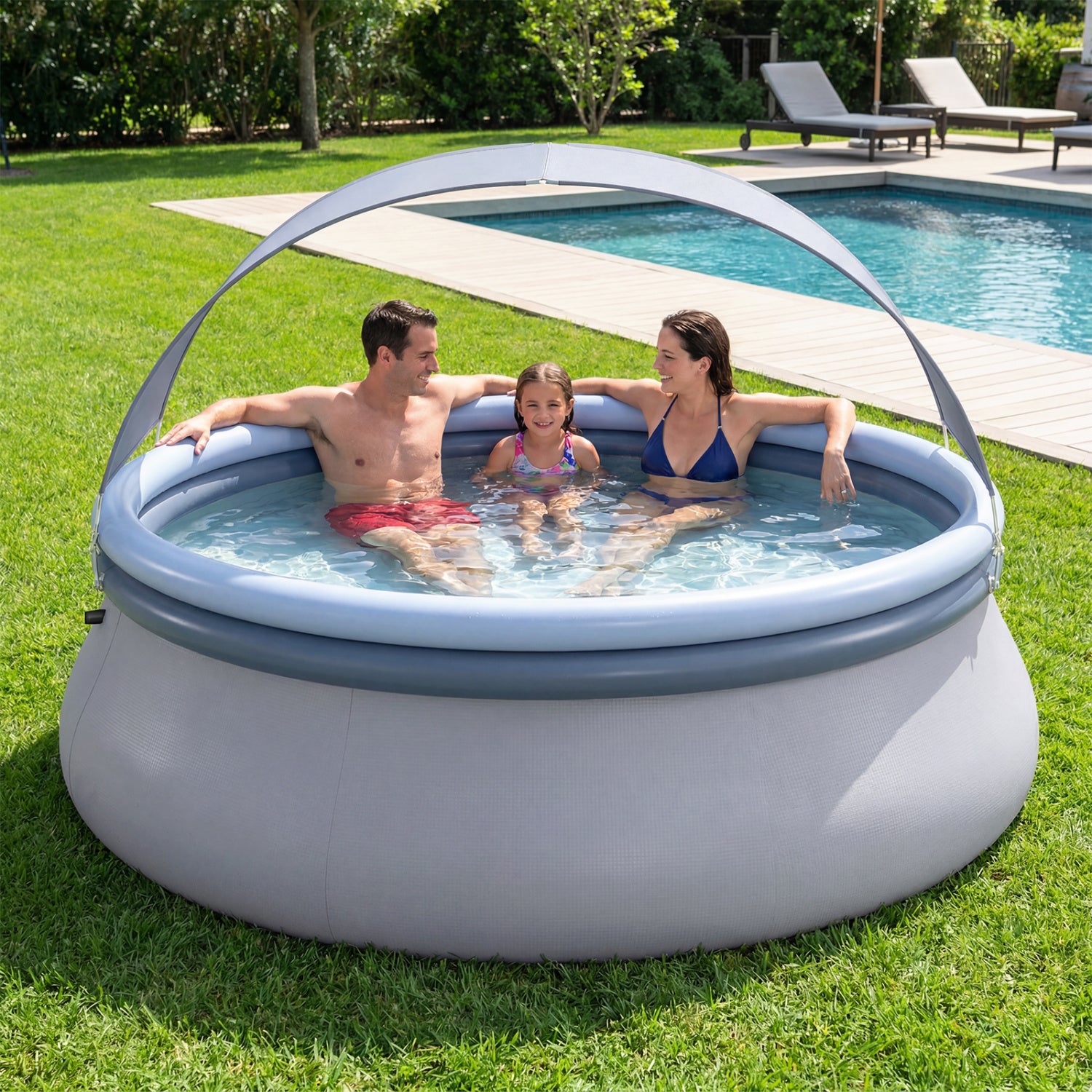 Inflatable outdoor swimming pool with sunshade canopy from Wilsons Home Store, perfect for backyard summer fun.