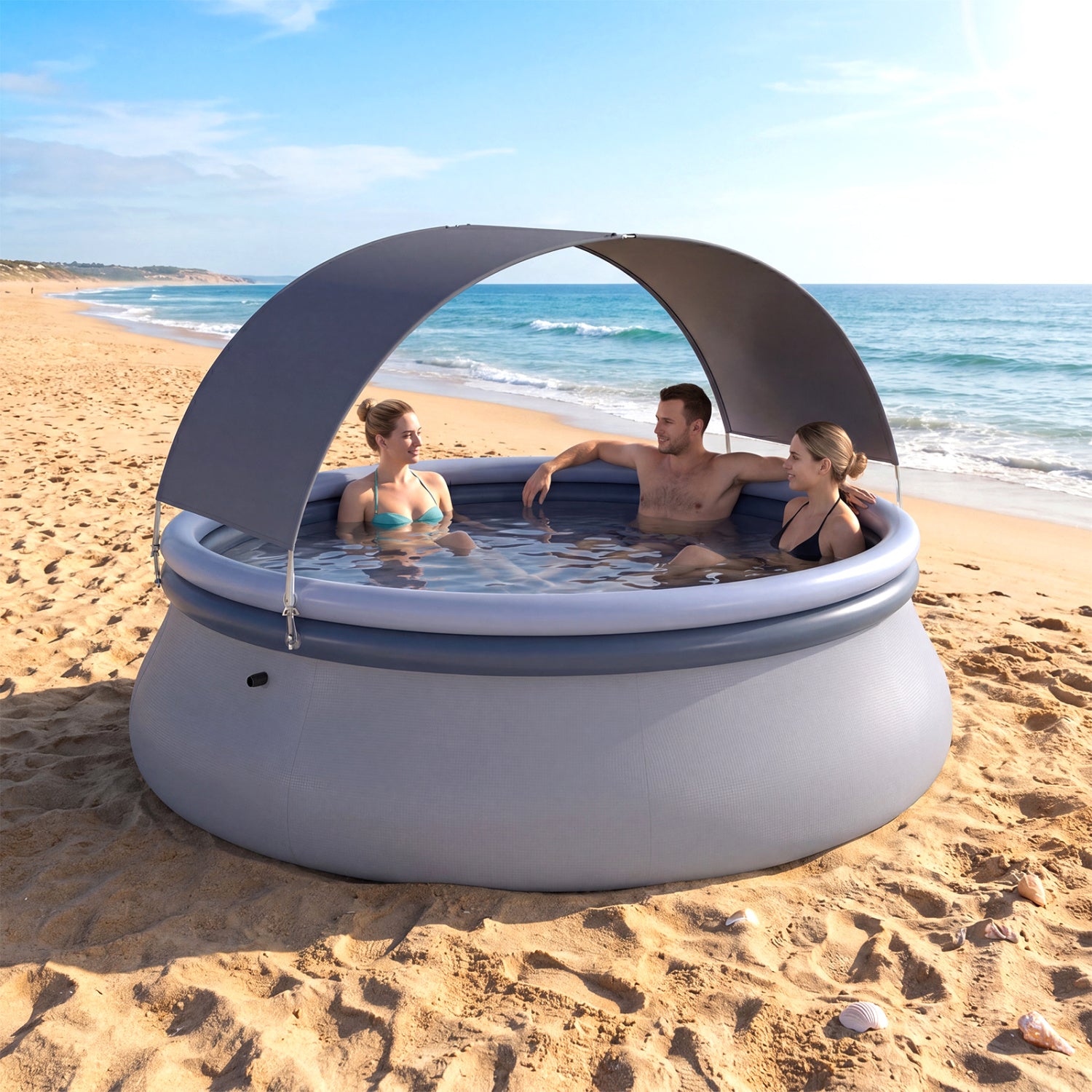 Inflatable outdoor swimming pool with sunshade canopy, made by Wilsons Home Store, suitable for backyard relaxation and family fun.