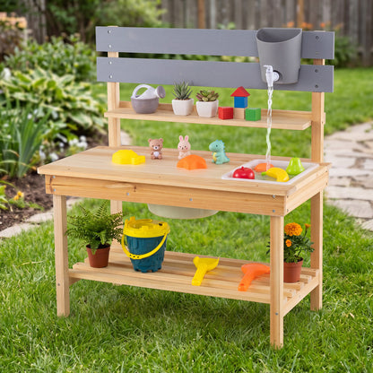 Outdoor kids mud kitchen with extended tabletop and water tank, natural wood play kitchen set for imaginative outdoor pretend play.
