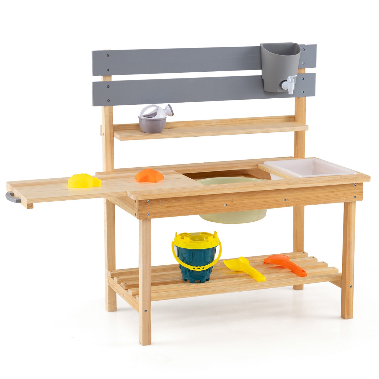 Outdoor kids' mud kitchen with extended tabletop and water tank, natural wood play kitchen set for outdoor pretend play.