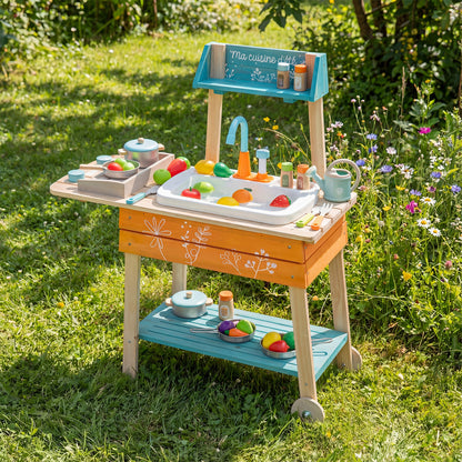 Wooden outdoor kids play kitchen set with removable sink, vibrant orange toy kitchen for pretend play, designed for children.