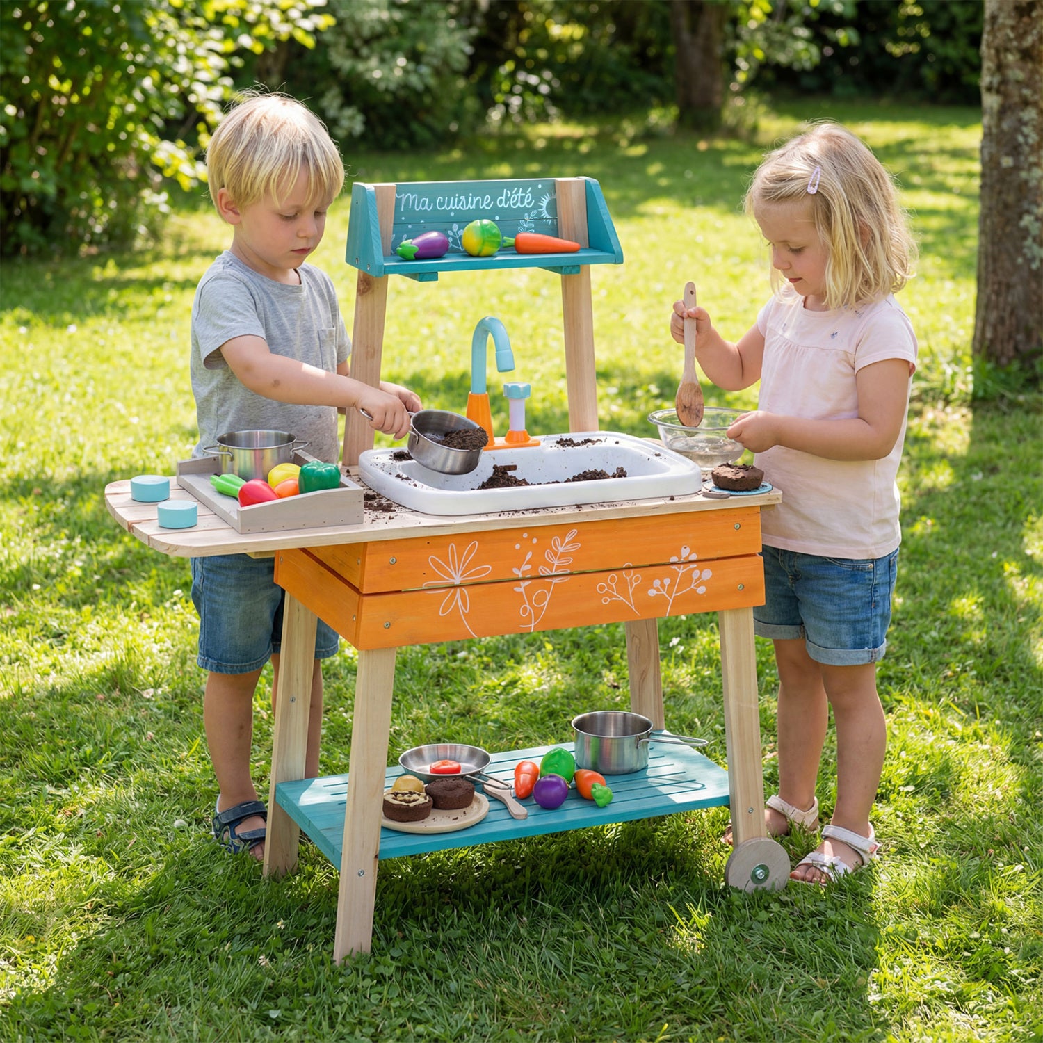 Outdoor kids' wooden play kitchen set with orange finish, includes removable sink for pretend cooking and role-playing fun.