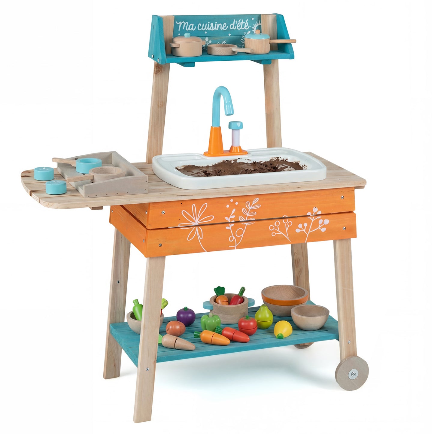 Wooden outdoor kids play kitchen set with orange finish, includes a removable sink, perfect for pretend play and imaginative fun.
