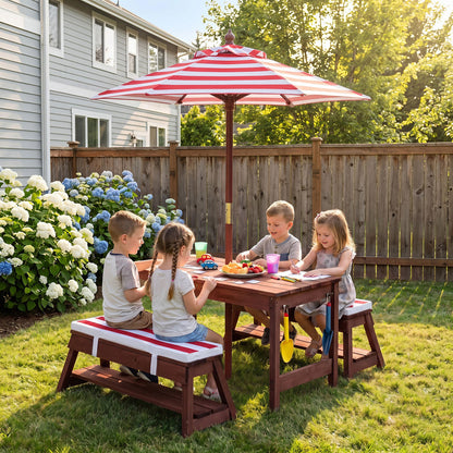 Red outdoor wooden kids' picnic table with matching benches and umbrella, perfect for toddler and kids' outdoor dining.
