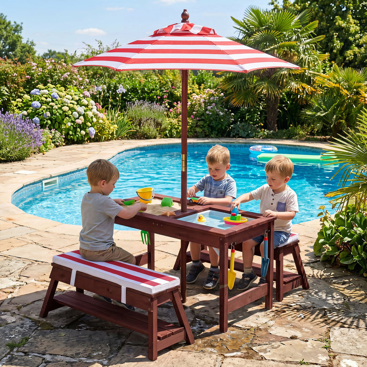 Red outdoor kids wooden picnic table with attached benches and umbrella, perfect for toddlers and young children.
