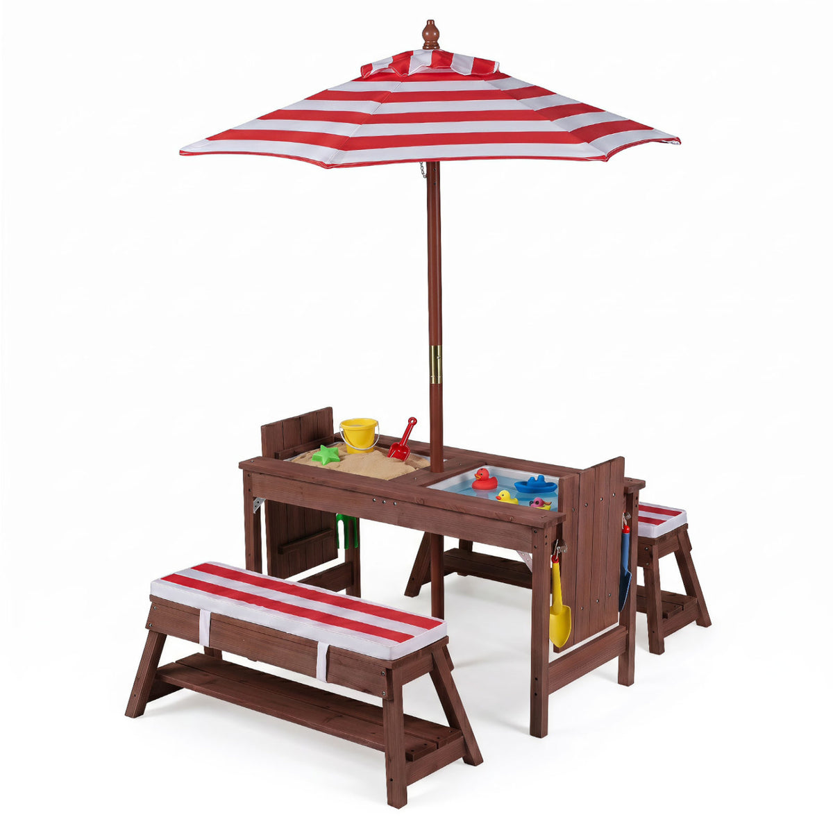 Red outdoor wooden kids' picnic table with matching benches and umbrella, designed for toddlers and children, by Wilsons Home Store.