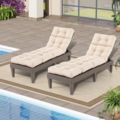 Beige outdoor lounge chaise cushion with high back and string ties, measuring 73x22 inches, designed for patio furniture.