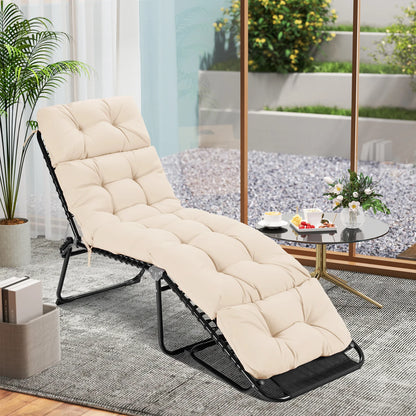 Beige outdoor lounge chaise cushion with high back and string ties, 73x22 inches, for patio furniture.