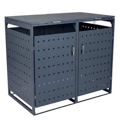 Outdoor Metal Garbage Bin Storage Shed for 2 Trash Cans Double Trash Can Enclosure-Gray