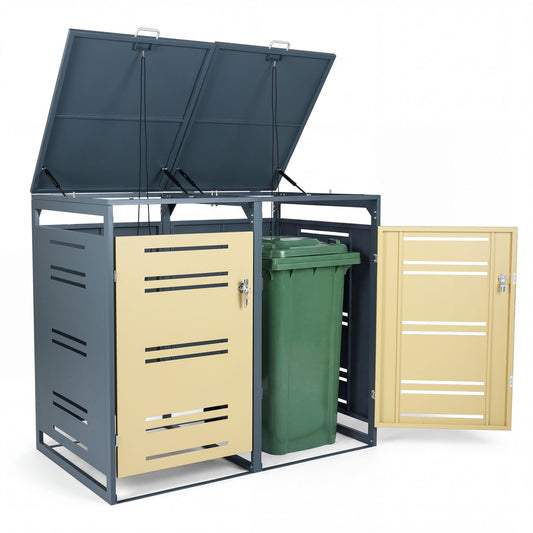 Outdoor Metal Garbage Bin Storage Shed for 2 Trash Cans-Yellow