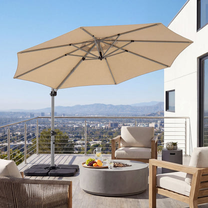 Outdoor Offset Umbrella Set with 11 FT Cantilever Patio Umbrella and Heavy-Duty 4-Piece Base-Beige