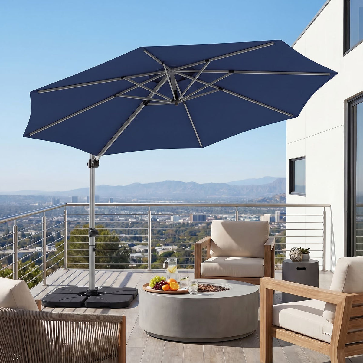 Outdoor Offset Umbrella Set with 11 FT Cantilever Patio Umbrella and Heavy-Duty 4-Piece Base-Beige