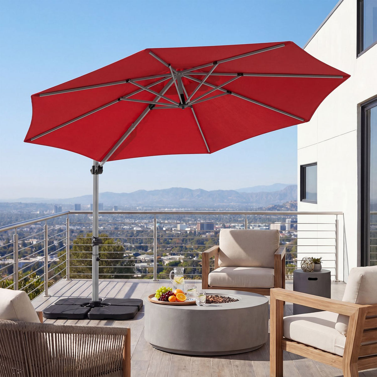 Outdoor Offset Umbrella Set with 11 FT Cantilever Patio Umbrella and Heavy-Duty 4-Piece Base-Beige