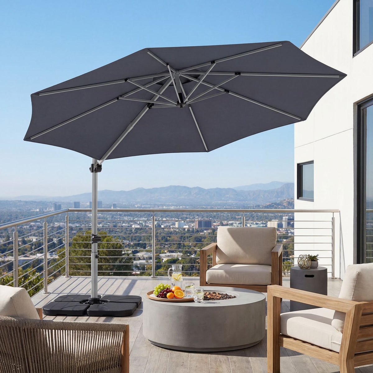 Outdoor Offset Umbrella Set with 11 FT Cantilever Patio Umbrella and Heavy-Duty 4-Piece Base-Beige