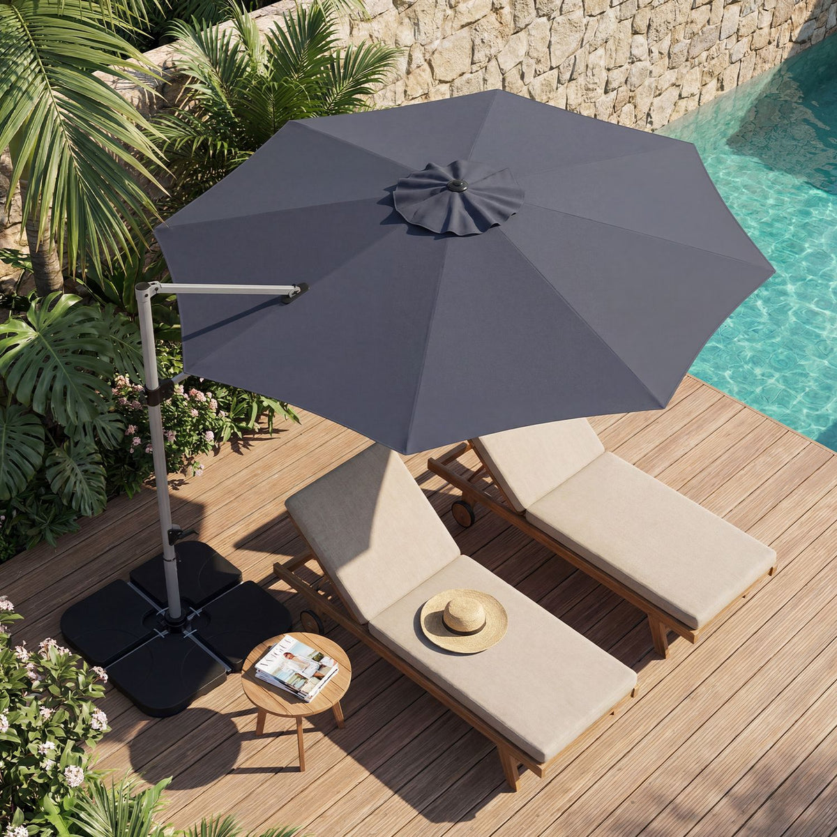 Outdoor Offset Umbrella Set with 11 FT Cantilever Patio Umbrella and Heavy-Duty 4-Piece Base-Beige