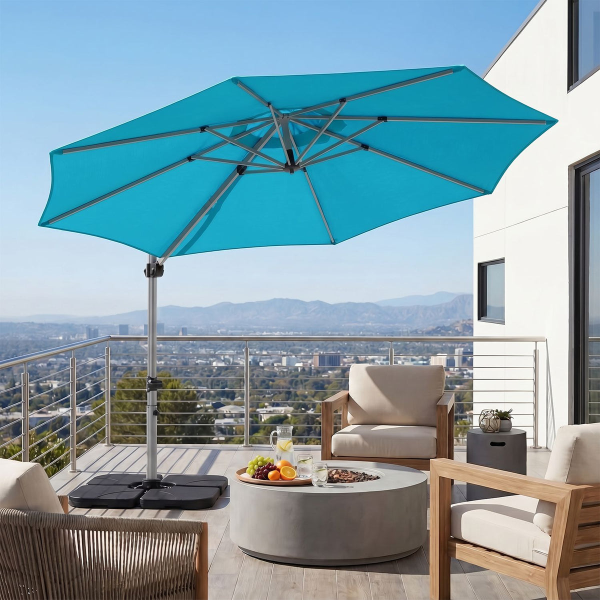 Outdoor Offset Umbrella Set with 11 FT Cantilever Patio Umbrella and Heavy-Duty 4-Piece Base-Beige
