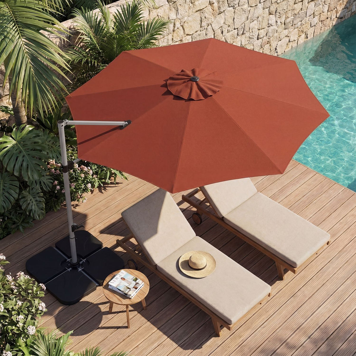 Outdoor Offset Umbrella Set with 11 FT Cantilever Patio Umbrella and Heavy-Duty 4-Piece Base-Beige