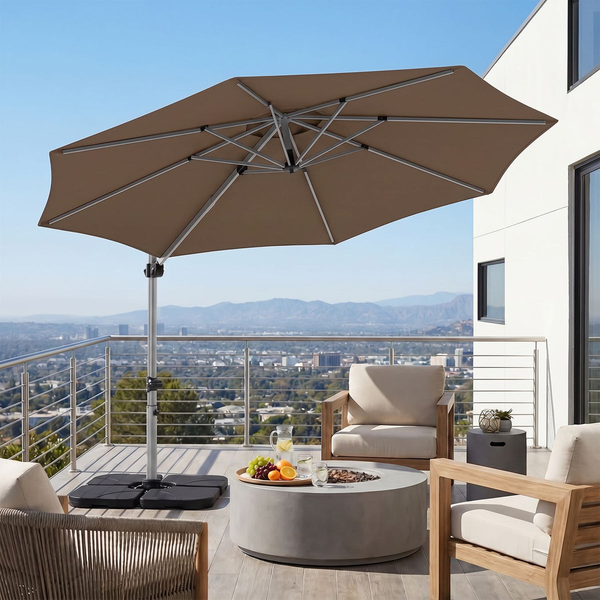 Outdoor Offset Umbrella Set with 11 FT Cantilever Patio Umbrella and Heavy-Duty 4-Piece Base-Beige