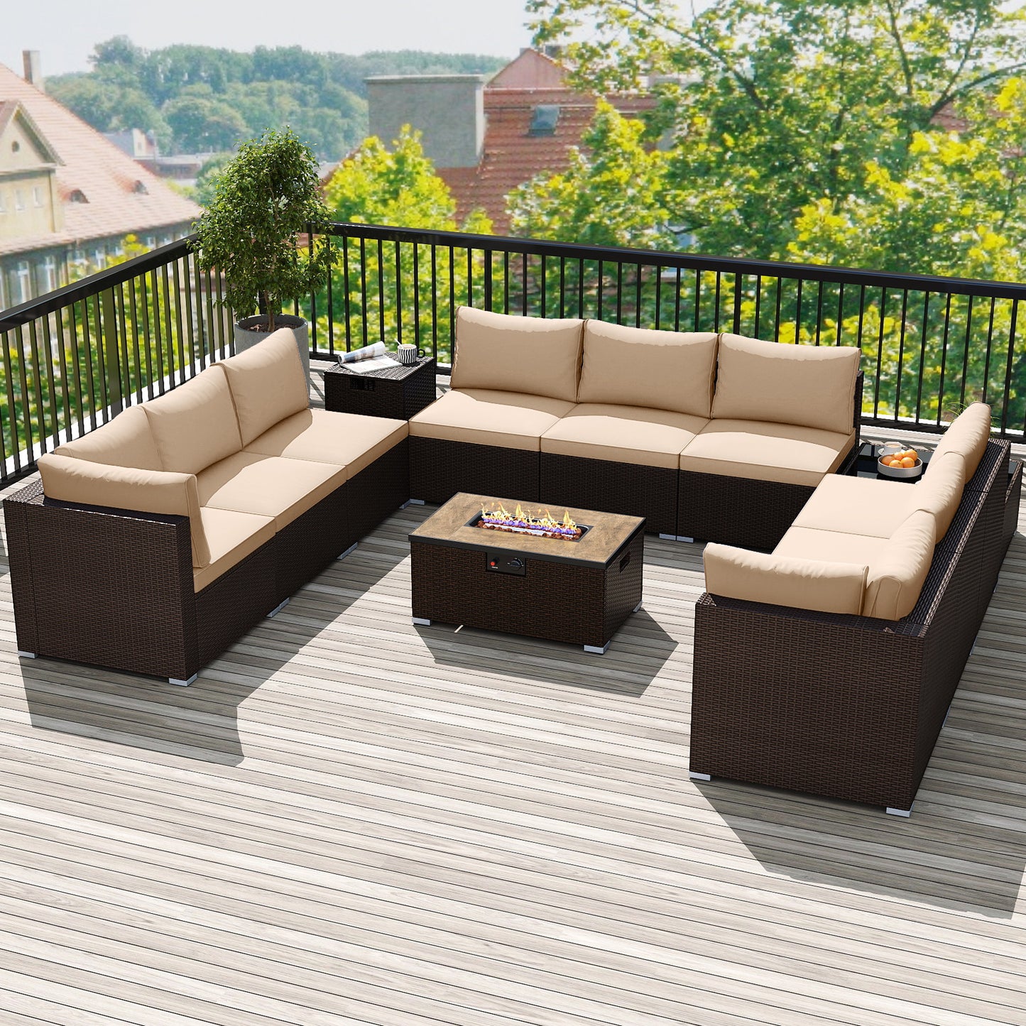 Outdoor PE Rattan Conversation Set with 32” Propane Fire Pit Table and Tank Holder-Beige