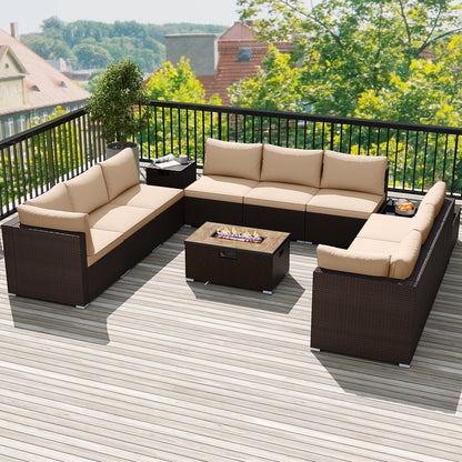 Outdoor PE Rattan Conversation Set with 32” Propane Fire Pit Table and Tank Holder-Beige