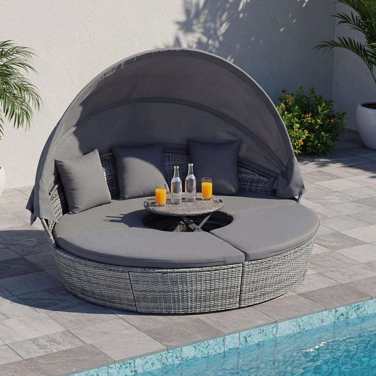 Outdoor PE Wicker Round Daybed with Retractable Canopy and Cushions-Gray