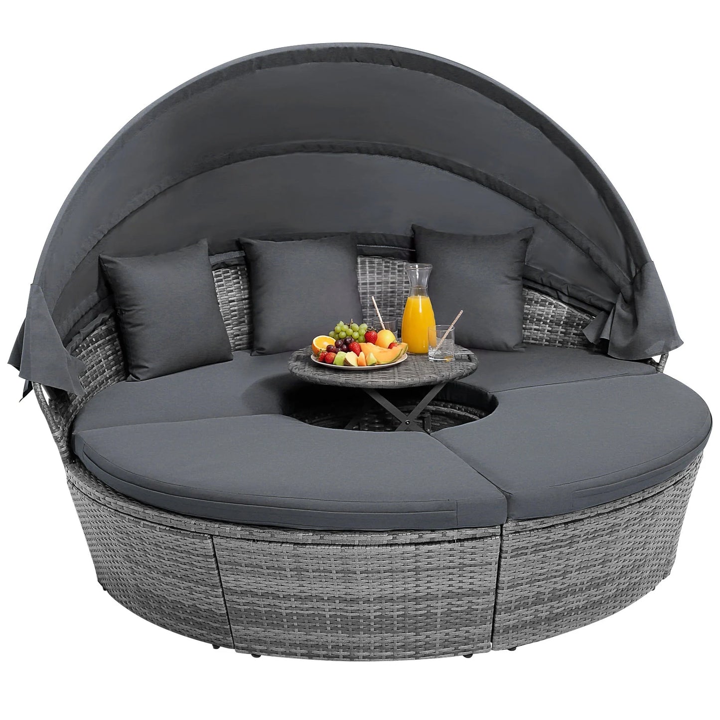 Outdoor PE Wicker Round Daybed with Retractable Canopy and Cushions-Gray