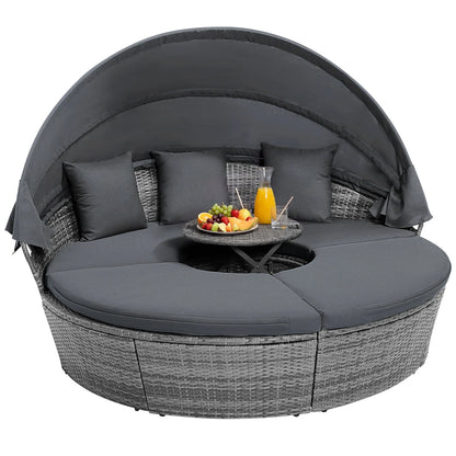 Outdoor PE Wicker Round Daybed with Retractable Canopy and Cushions-Gray