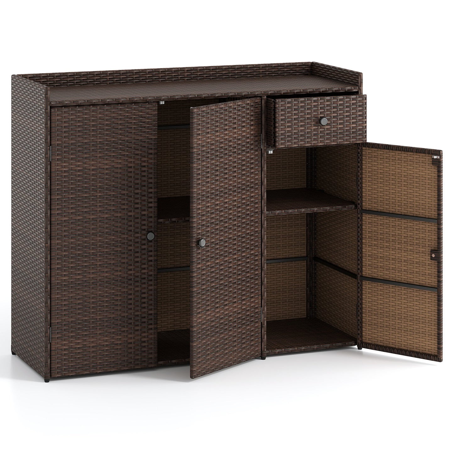 Outdoor PE Wicker Storage Cabinet with 3 Doors for Deck