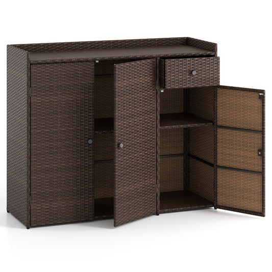 Outdoor PE Wicker Storage Cabinet with 3 Doors for Deck