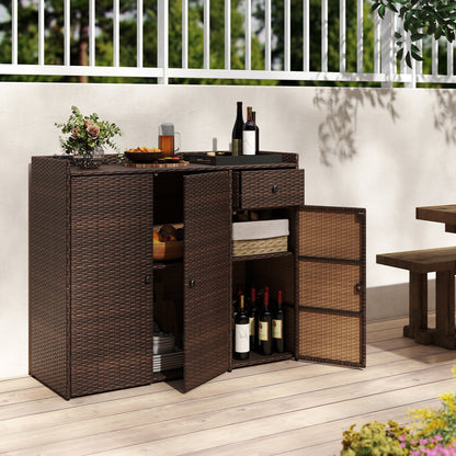 Outdoor PE Wicker Storage Cabinet with 3 Doors for Deck