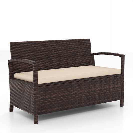 Outdoor PE Wicker Storage Bench 2 Seater with Cushion and 42 Gallon Deck Box-Beige