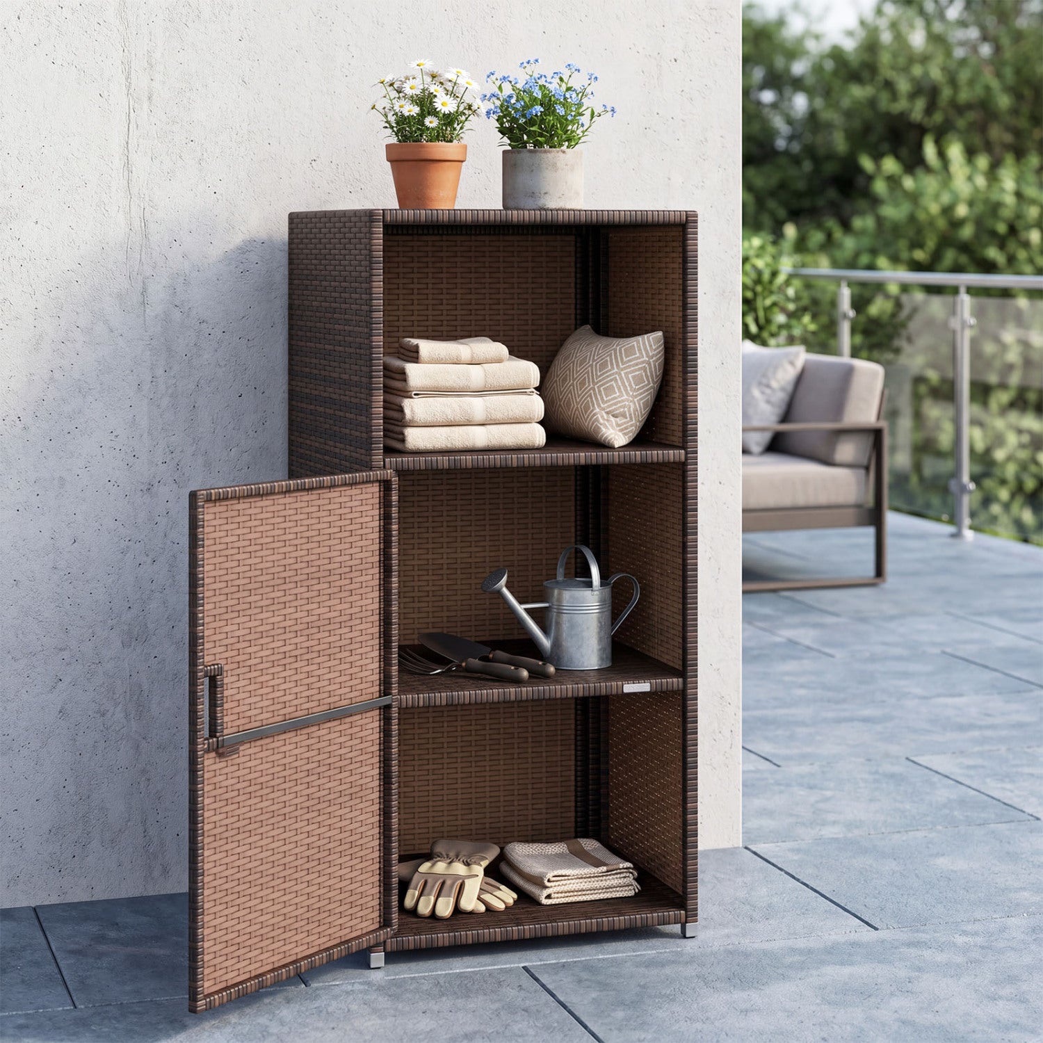 Black outdoor PE wicker storage cabinet with door and open compartment for patio storage, designed for outdoor use.