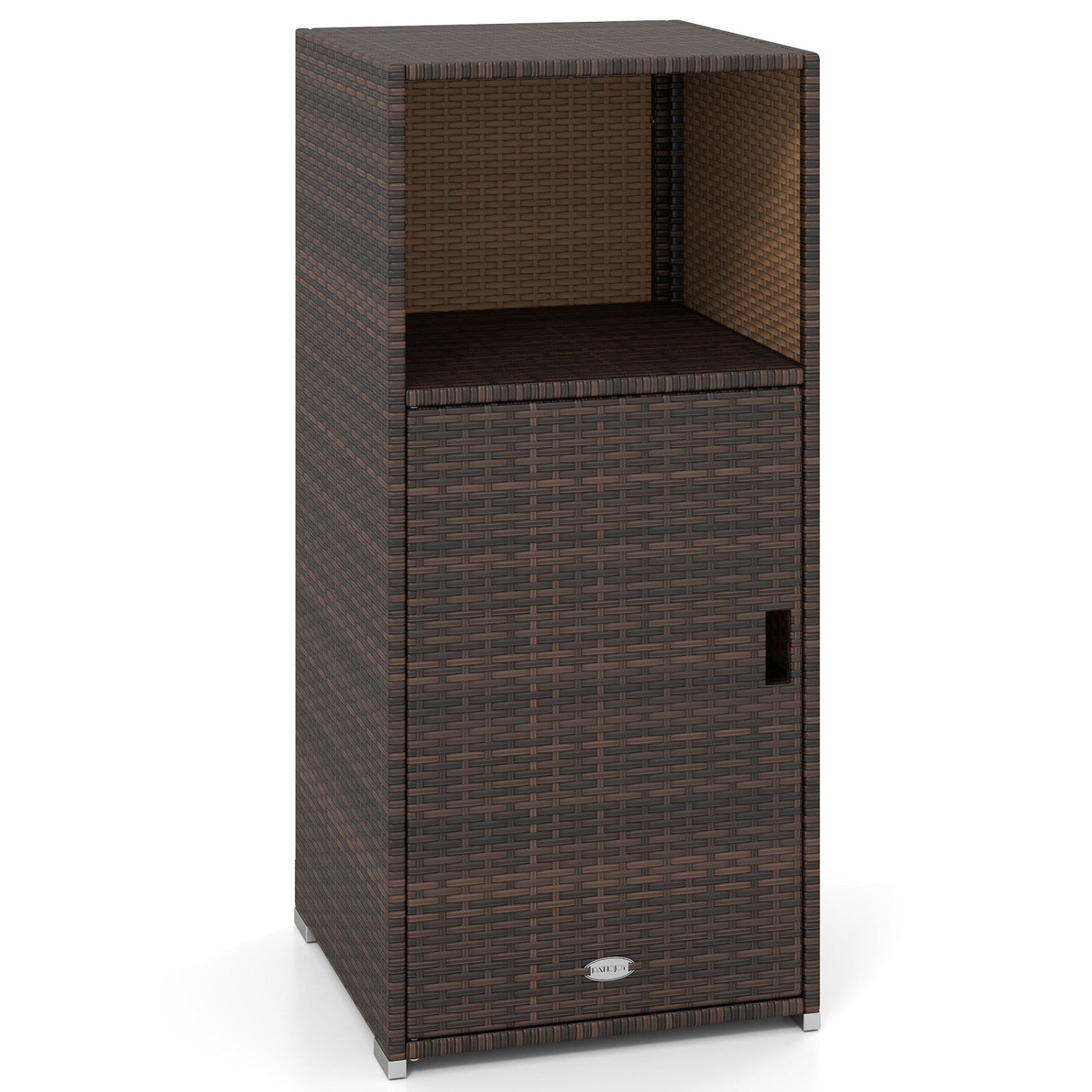 Black outdoor PE wicker storage cabinet with door and open compartment, ideal for patio outdoor storage.