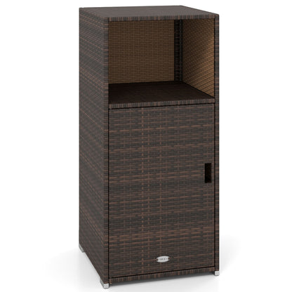 Black outdoor PE wicker storage cabinet with door and open compartment, ideal for patio outdoor storage.