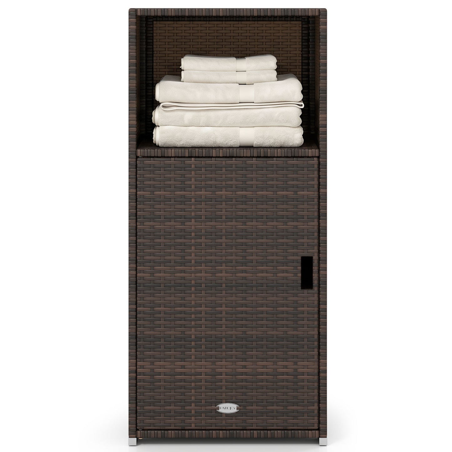 Black outdoor PE wicker storage cabinet with door and open compartment for patio storage, weather-resistant and durable.