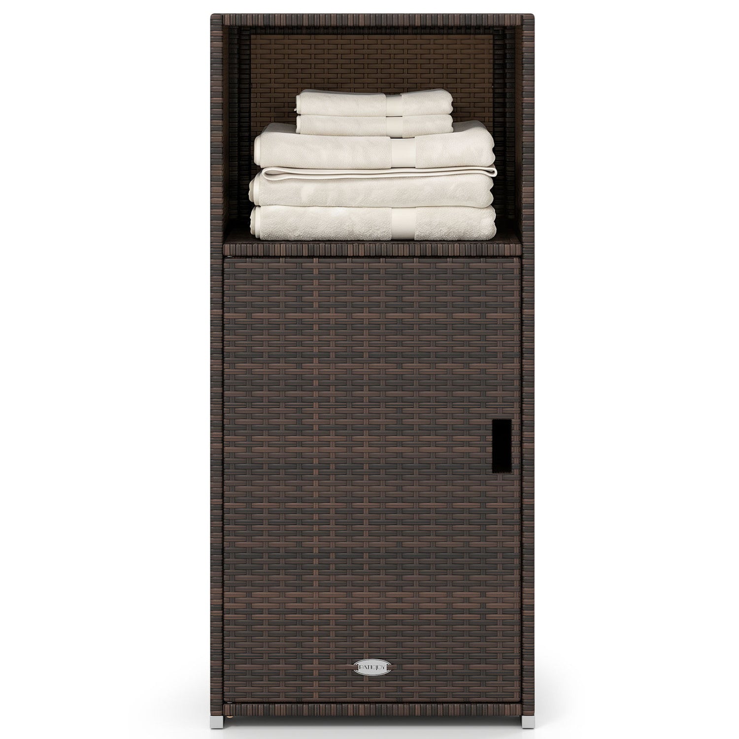 Black outdoor PE wicker storage cabinet with door and open compartment for patio storage, weather-resistant and durable.
