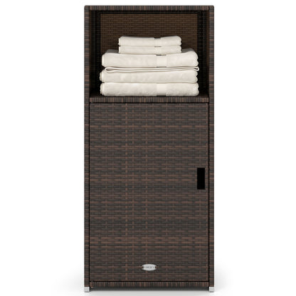 Black outdoor PE wicker storage cabinet with door and open compartment for patio storage, weather-resistant and durable.