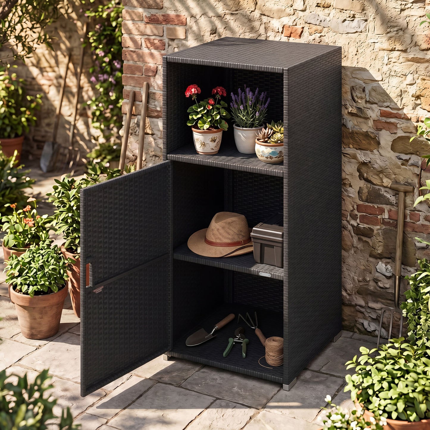 Black outdoor PE wicker storage cabinet with door and open compartment, ideal for patio outdoor storage.