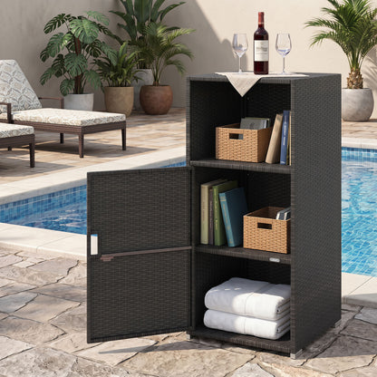 Black outdoor PE wicker storage cabinet with door and open compartment for patio organization, designed for outdoor use.