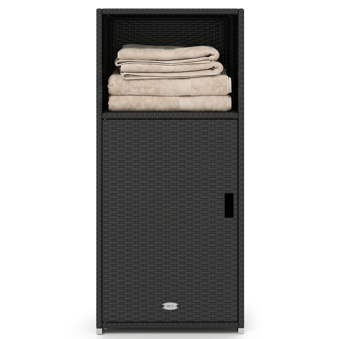 Black outdoor PE wicker storage cabinet with door and open compartment, ideal for patio outdoor storage.