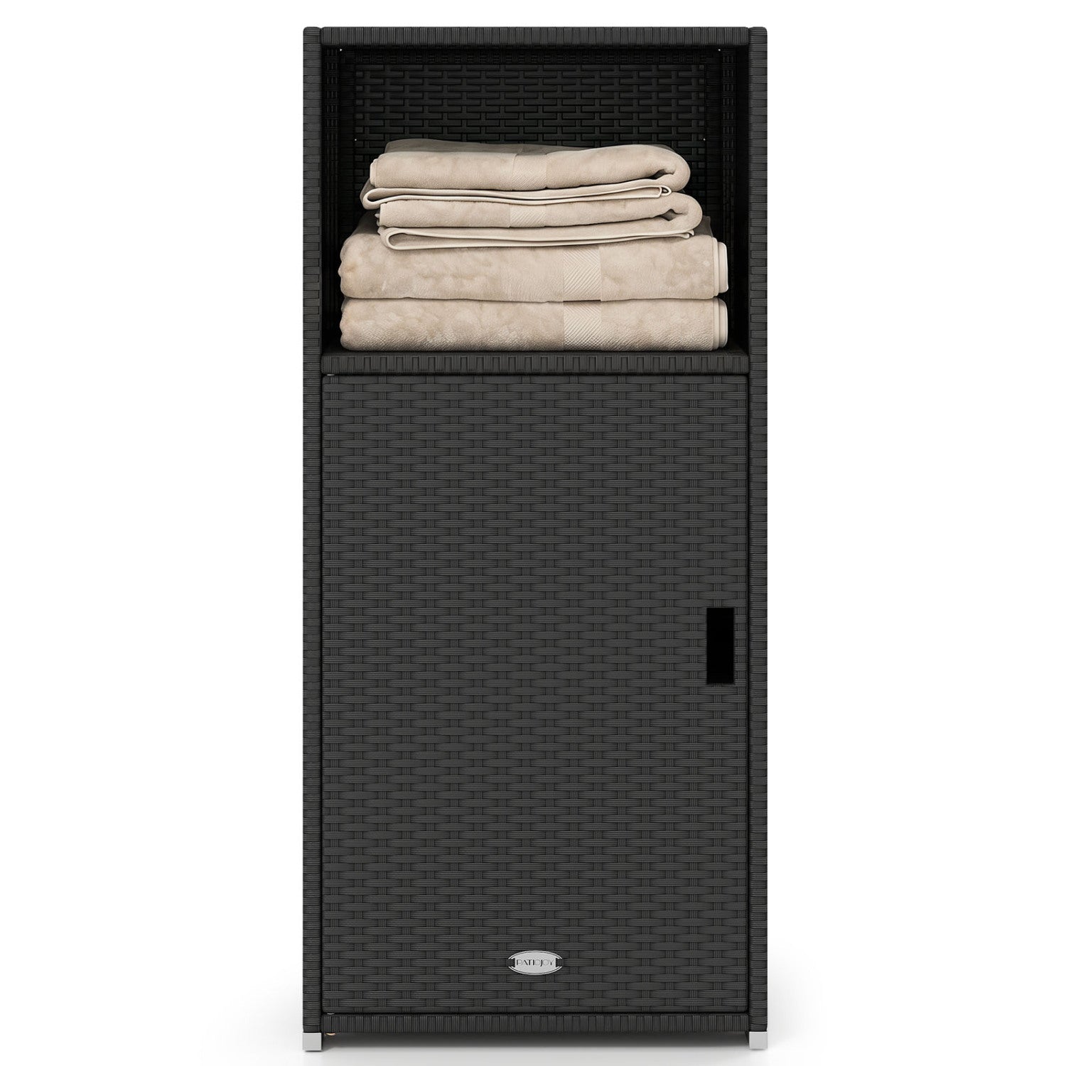 Black outdoor PE wicker storage cabinet with door and open compartment, ideal for patio outdoor storage.