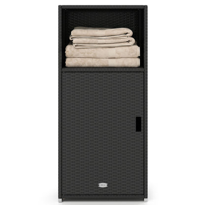 Black outdoor PE wicker storage cabinet with door and open compartment, ideal for patio outdoor storage.