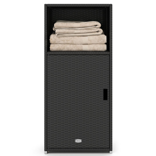 Black outdoor PE wicker storage cabinet with door and open compartment, ideal for patio outdoor storage.