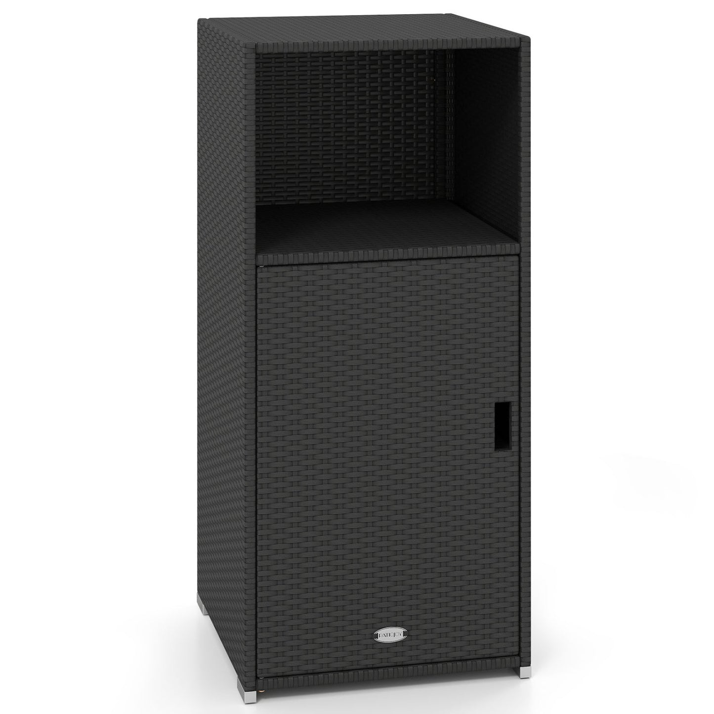 Black outdoor PE wicker storage cabinet with door and open compartment, ideal for patio organization and outdoor storage.