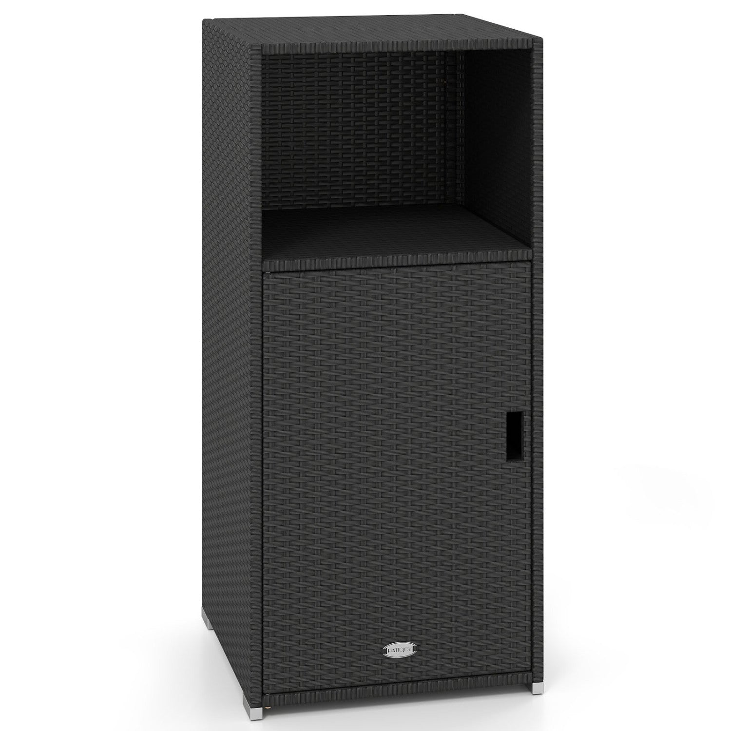 Black outdoor PE wicker storage cabinet with door and open compartment, ideal for patio organization and outdoor storage.