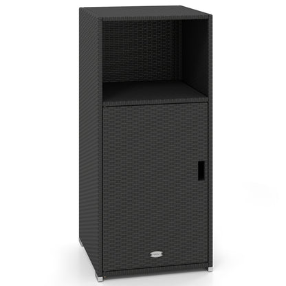 Black outdoor PE wicker storage cabinet with door and open compartment, ideal for patio organization and outdoor storage.