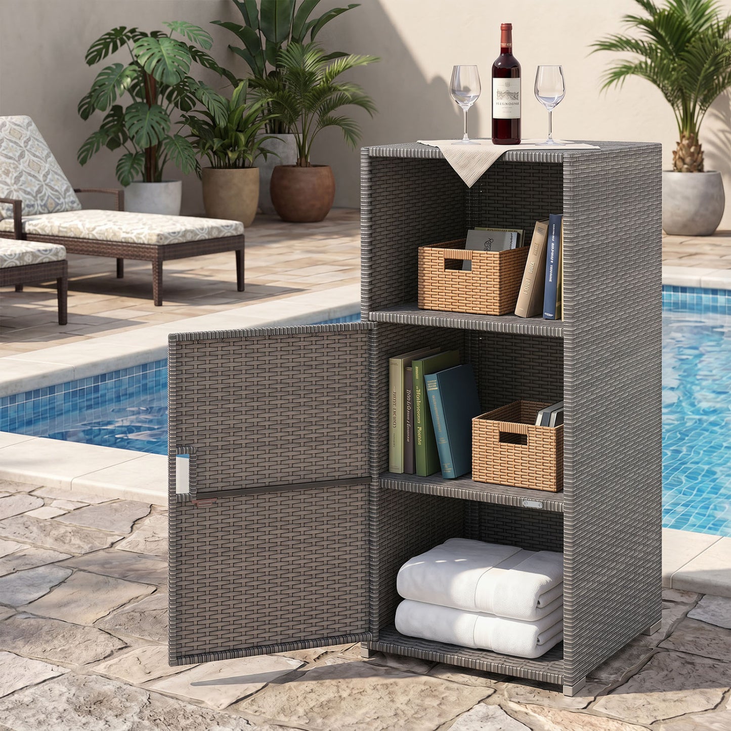 Black outdoor PE wicker storage cabinet with door and open compartment, ideal for patio organization and outdoor storage.