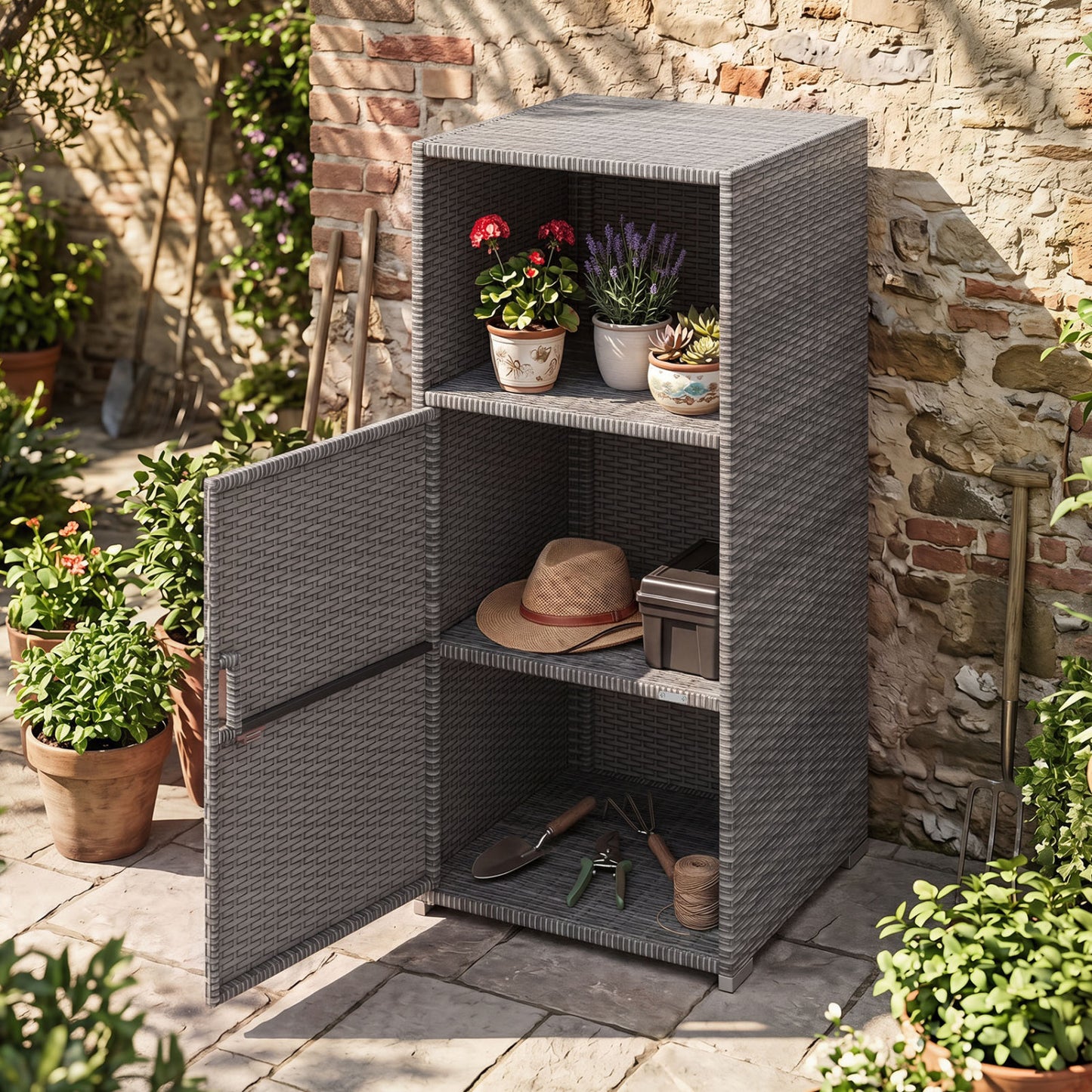 Black outdoor PE wicker storage cabinet with door and open compartment for patio storage, ideal for outdoor use.
