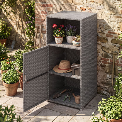 Black outdoor PE wicker storage cabinet with door and open compartment for patio storage, ideal for outdoor use.
