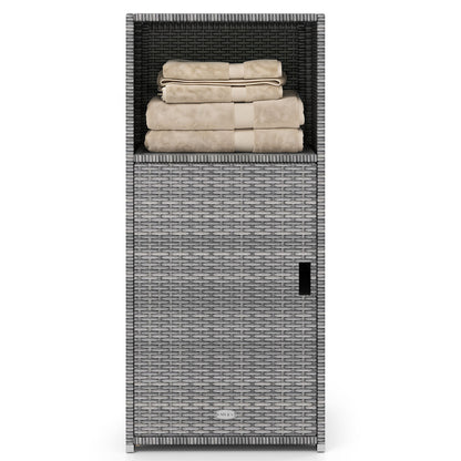 Black outdoor PE wicker storage cabinet with door and open compartment, ideal for patio outdoor storage and organization.